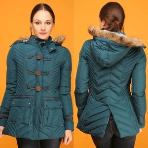 Free People Teal Blue Quilted Nylon Puffer Jacket Faux Fur Hood Size 2